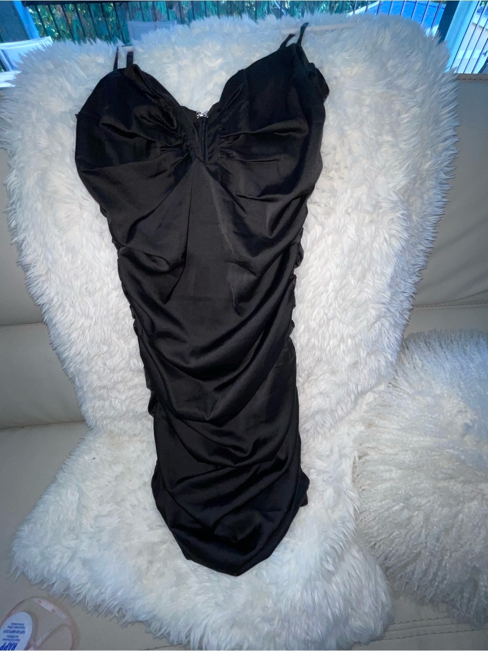 Oh Polly Black Satin Ruched Spaghetti Strap Mini Dress